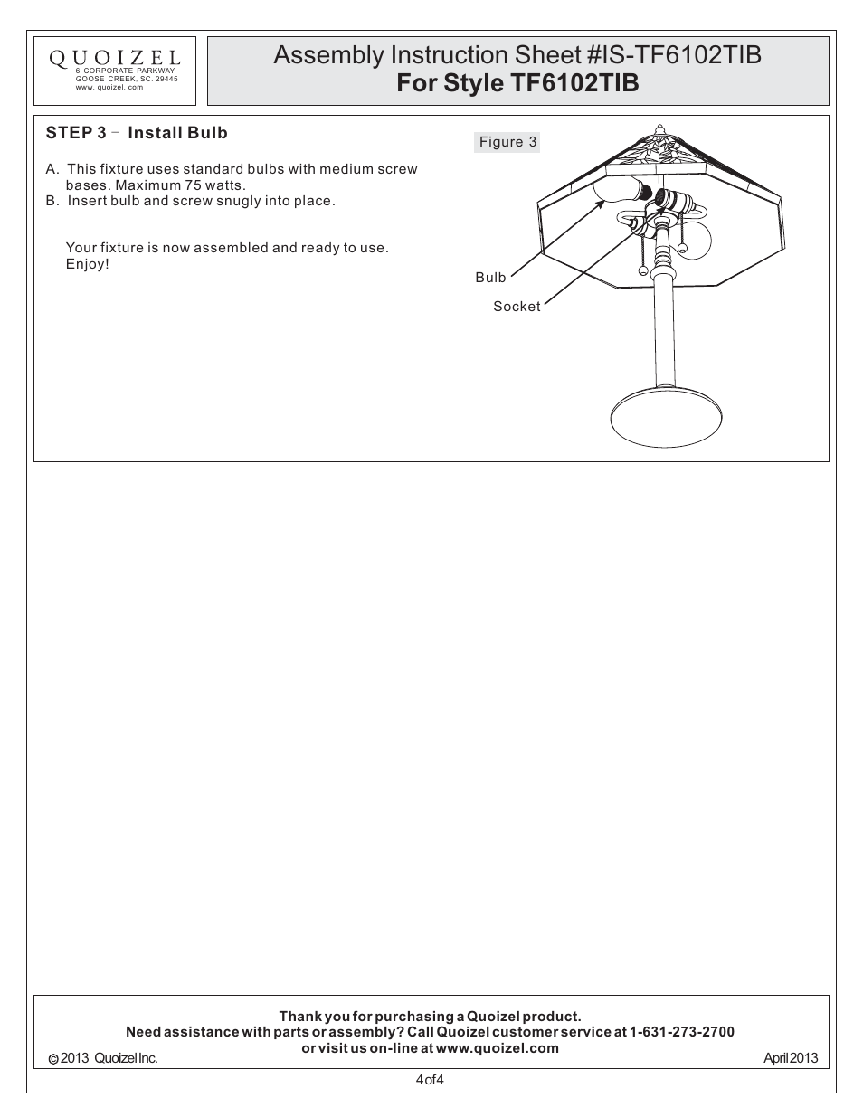 Quoizel TF6102TIB Tiffany User Manual | Page 4 / 4