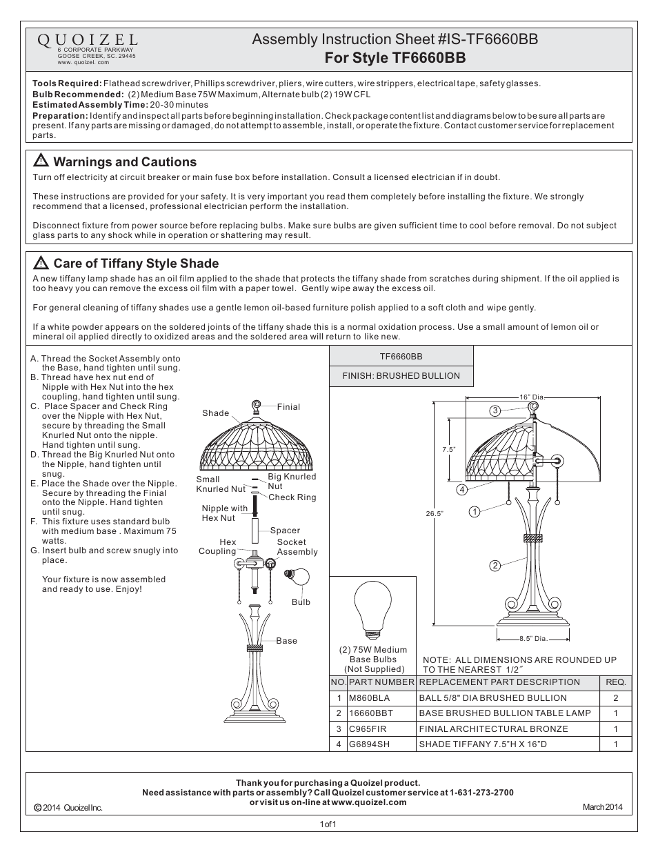 Quoizel TF6660BB Tiffany User Manual | 1 page