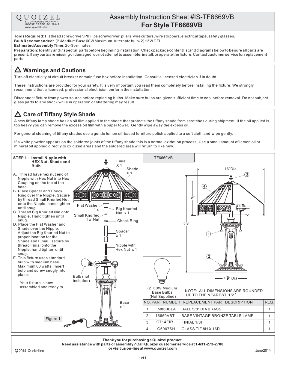 Quoizel TF6669VB Tiffany User Manual | 1 page