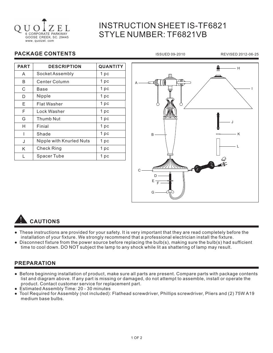 Quoizel TF6821VB Tiffany User Manual | 2 pages