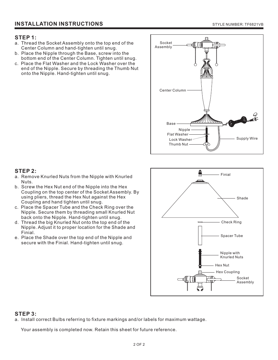 Installation instructions step 1, Step 2, Step 3 | Quoizel TF6821VB Tiffany User Manual | Page 2 / 2