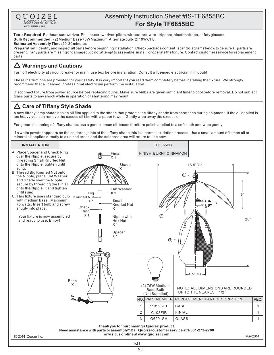 Quoizel TF6855BC Tiffany User Manual | 1 page