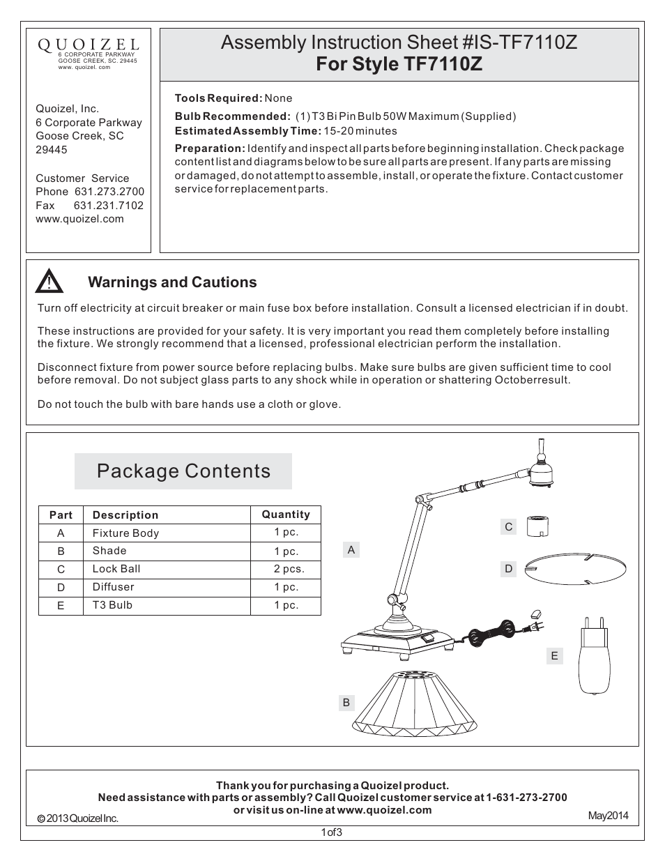 Quoizel TF7110Z Tiffany User Manual | 3 pages