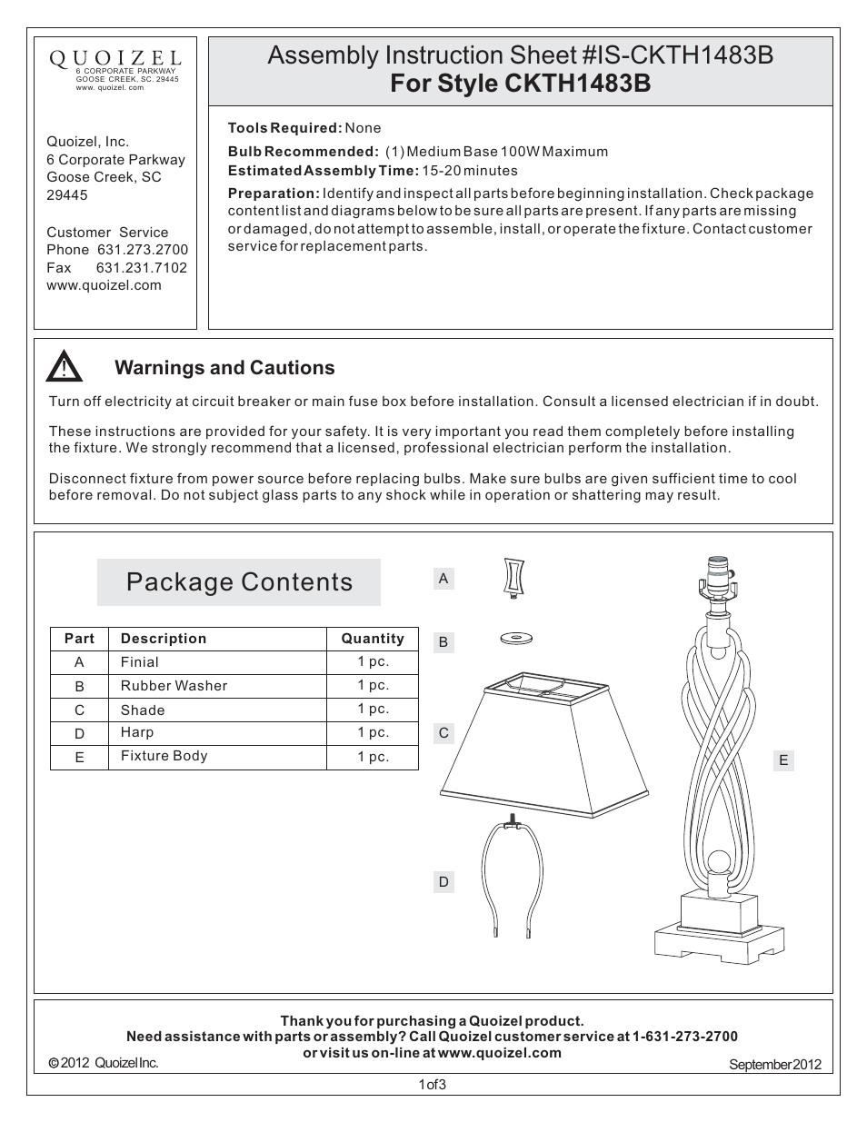 Quoizel CKTH1483B Triheart User Manual | 3 pages