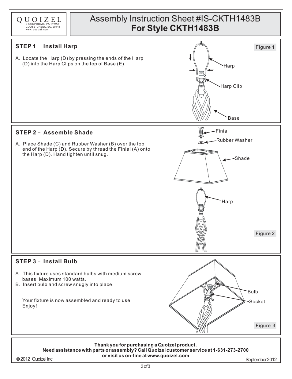 Quoizel CKTH1483B Triheart User Manual | Page 3 / 3