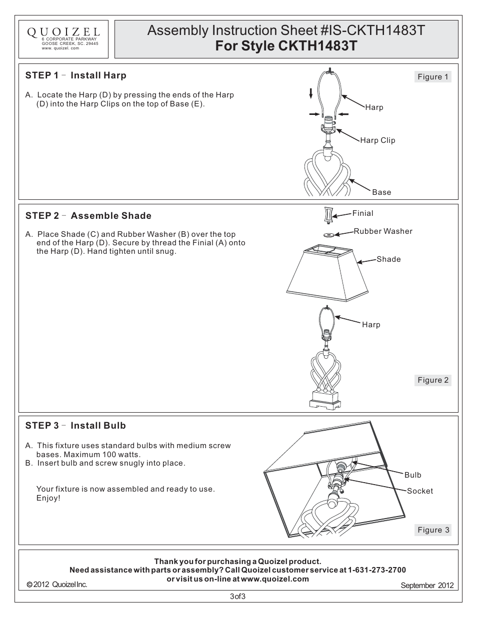 Quoizel CKTH1483T Triheart User Manual | Page 3 / 3