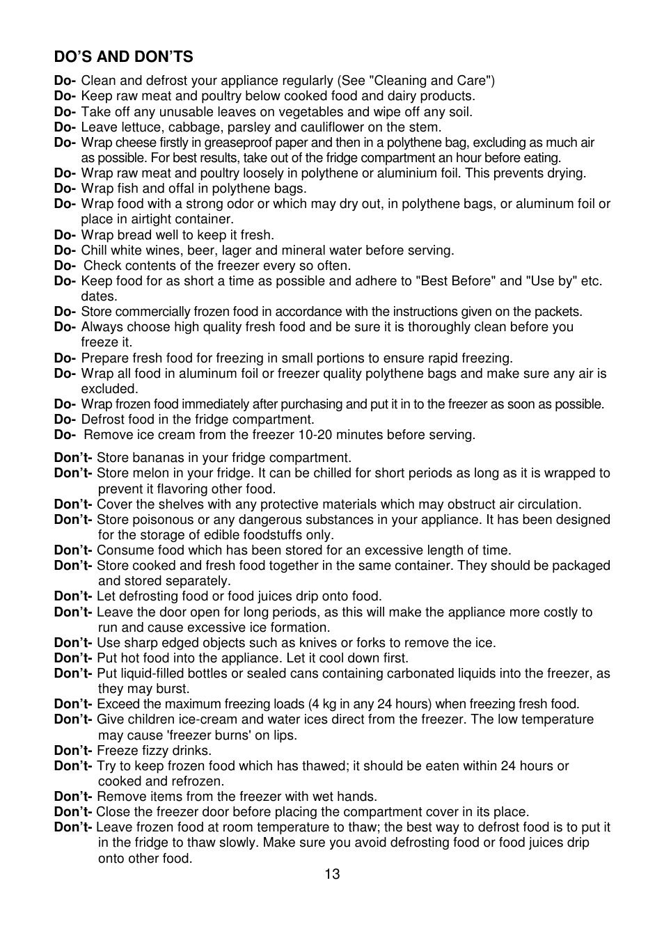 Do’s and don’ts | Beko CDA660F User Manual | Page 13 / 16