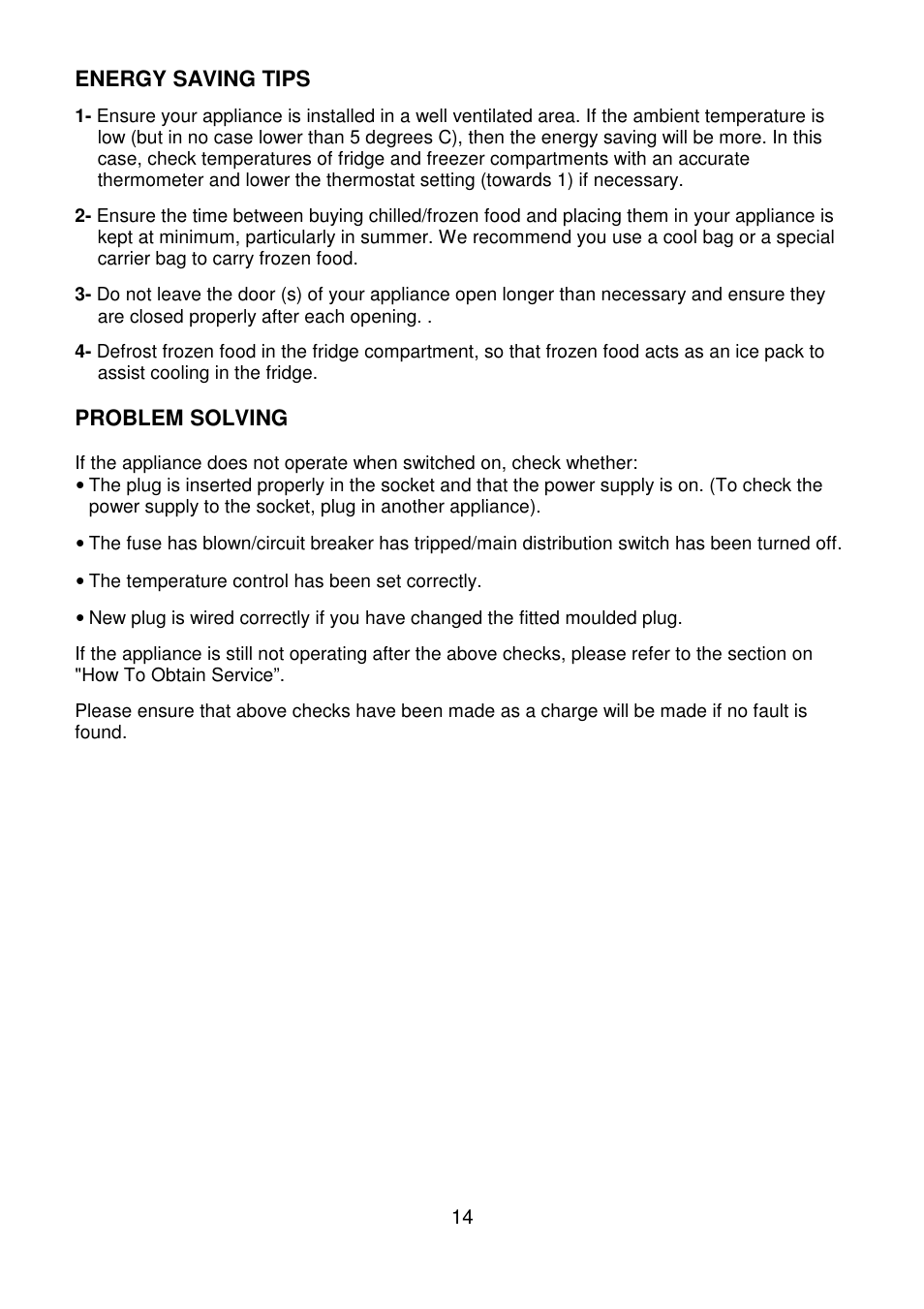 Energy saving tips, Problem solving | Beko CDA660F User Manual | Page 14 / 16
