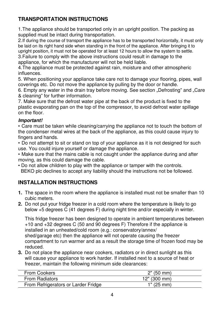 Transportation instructions, Installation instructions | Beko CDA660F User Manual | Page 4 / 16