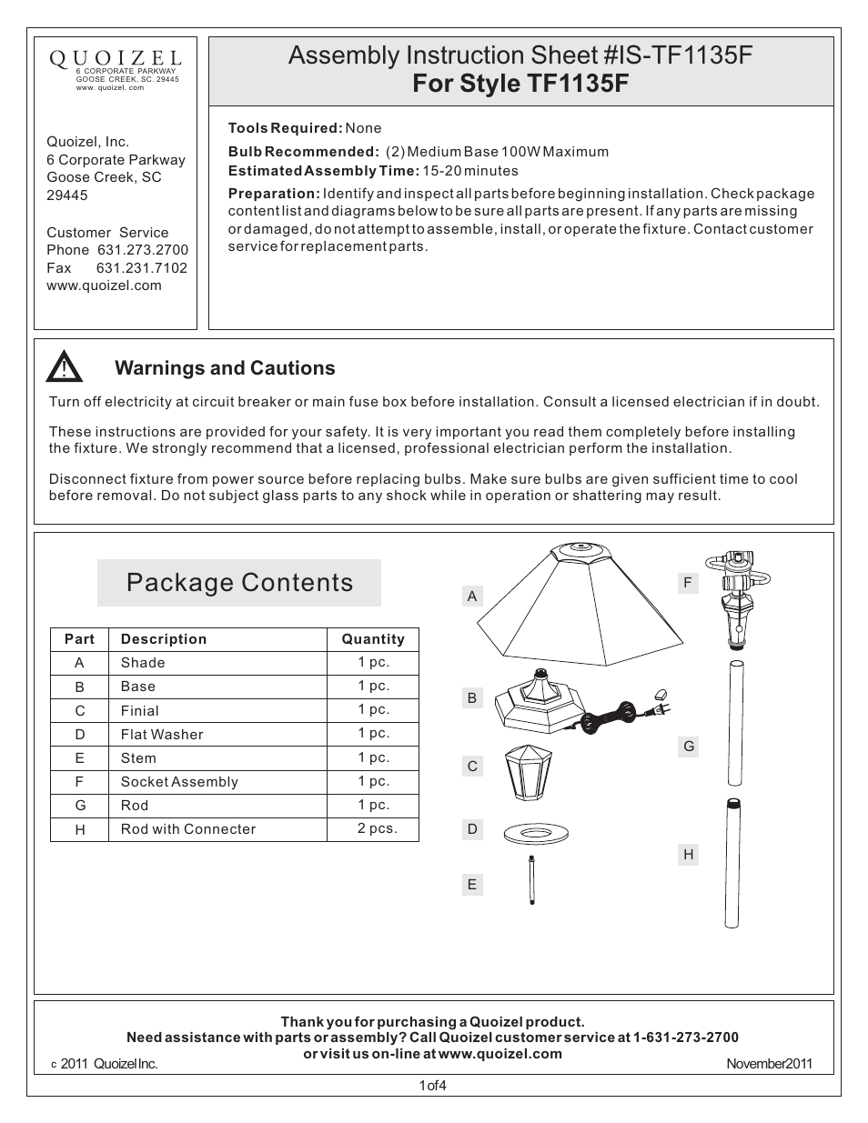 Quoizel TF1135F Arden User Manual | 4 pages