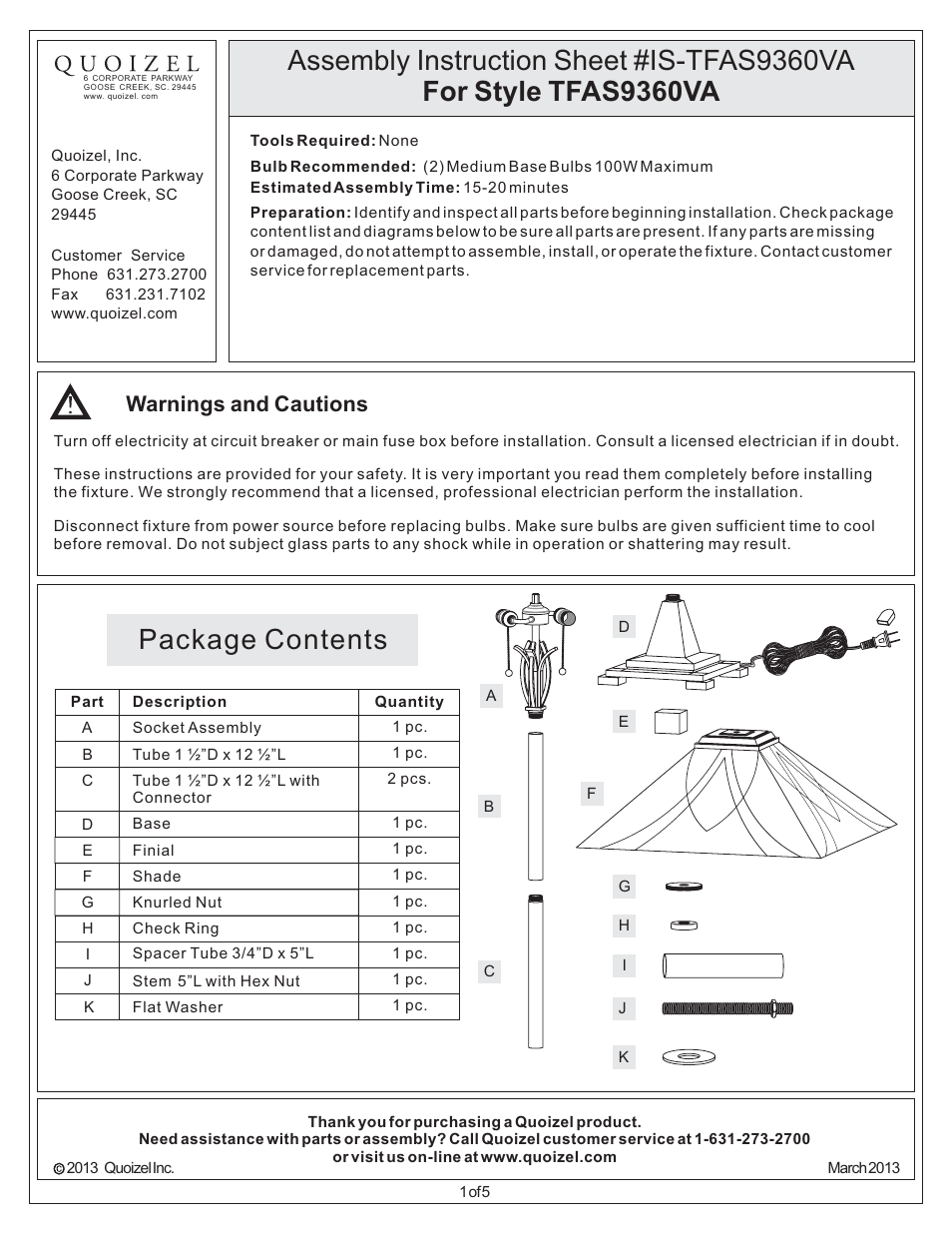 Quoizel TFAS9360VA Asheville User Manual | 5 pages