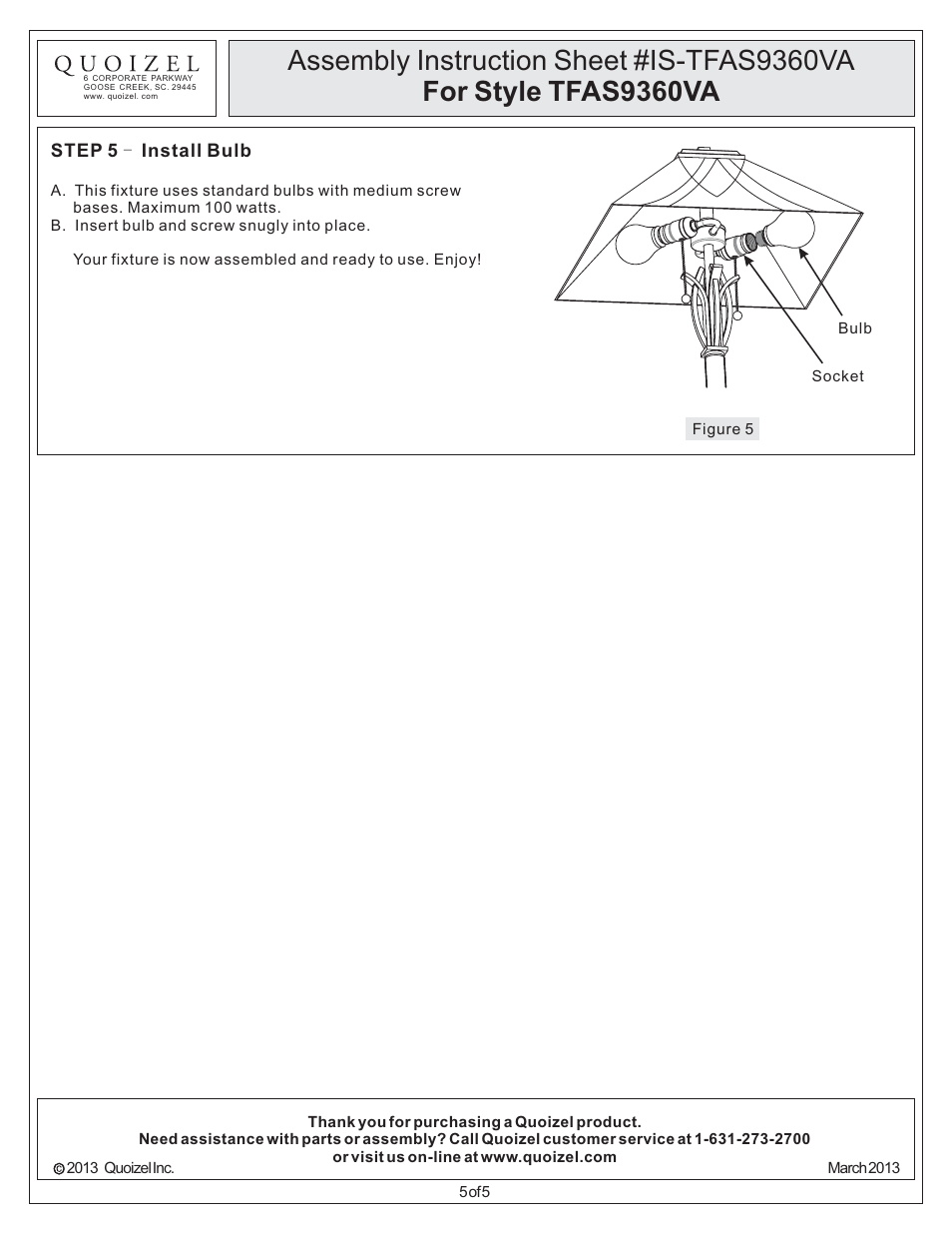 Quoizel TFAS9360VA Asheville User Manual | Page 5 / 5