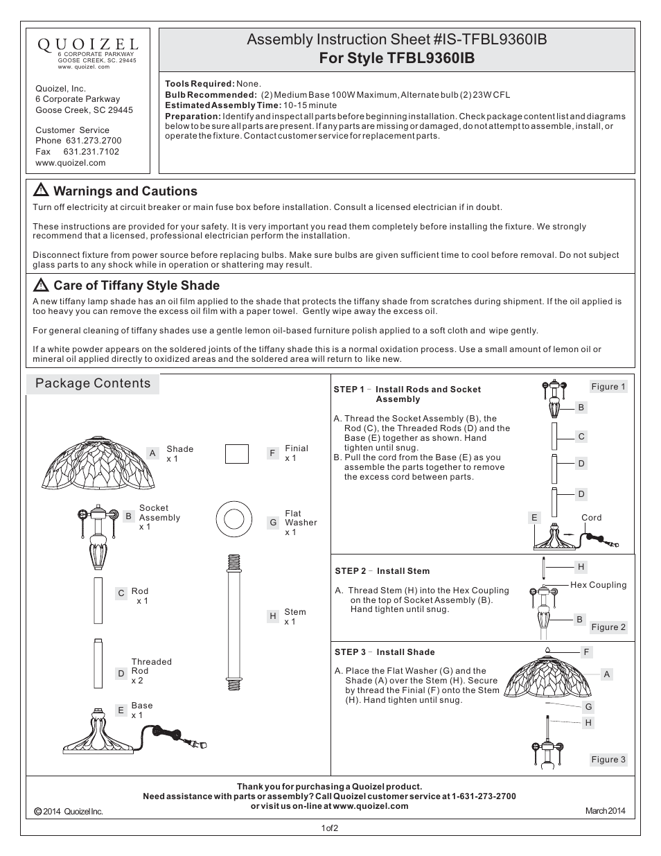 Quoizel TFBL9360IB Belle User Manual | 2 pages