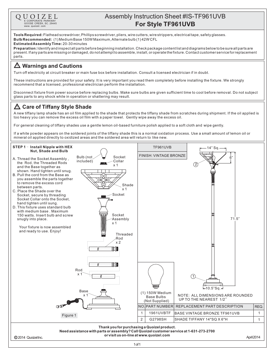 Quoizel TF961UVB Finton User Manual | 1 page