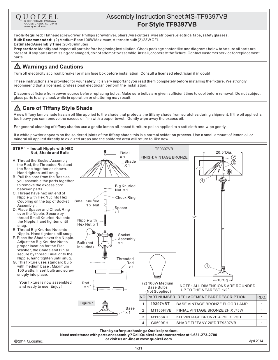 Quoizel TF9397VB Gotham User Manual | 1 page