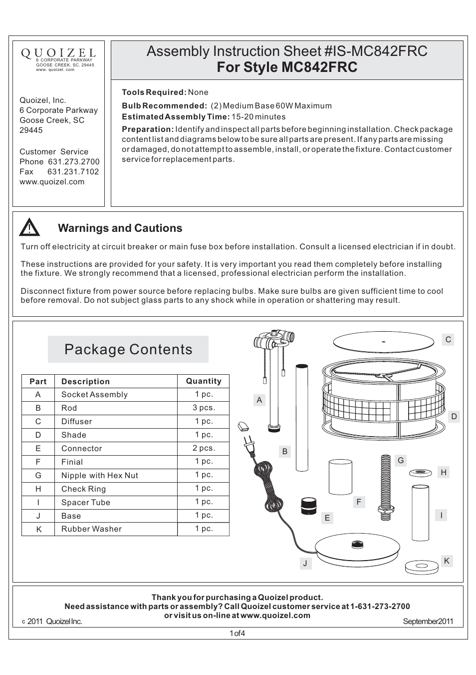 Quoizel MC842FRC Laguna User Manual | 4 pages