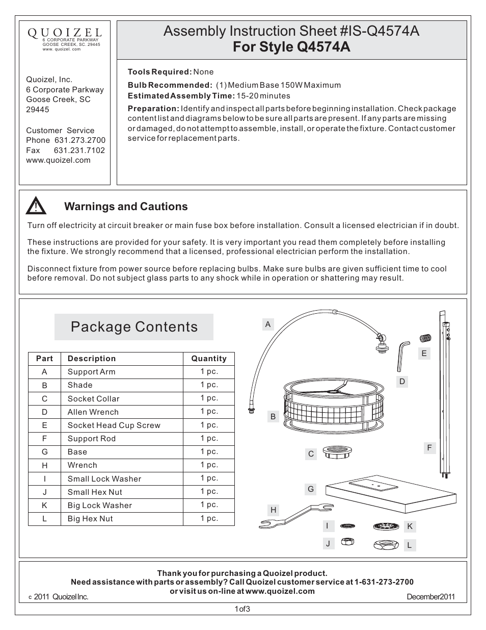 Quoizel Q4574A Laguna User Manual | 3 pages