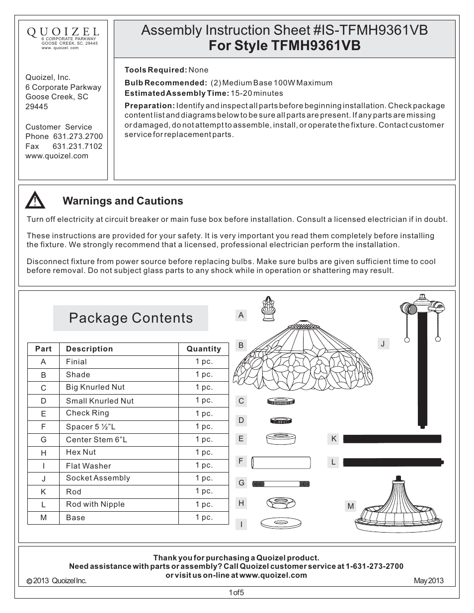 Quoizel TFMH9361VB Mariah User Manual | 5 pages