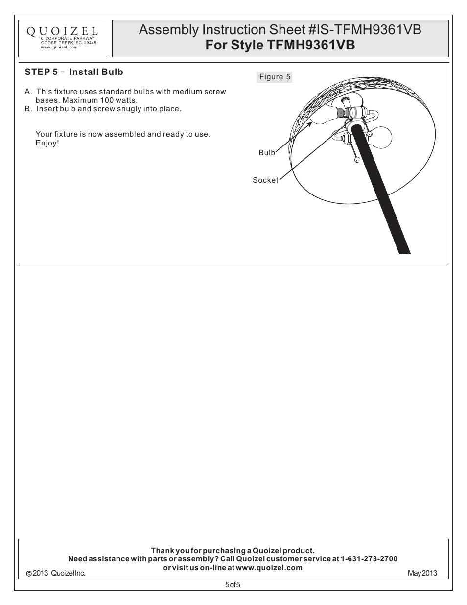 Quoizel TFMH9361VB Mariah User Manual | Page 5 / 5