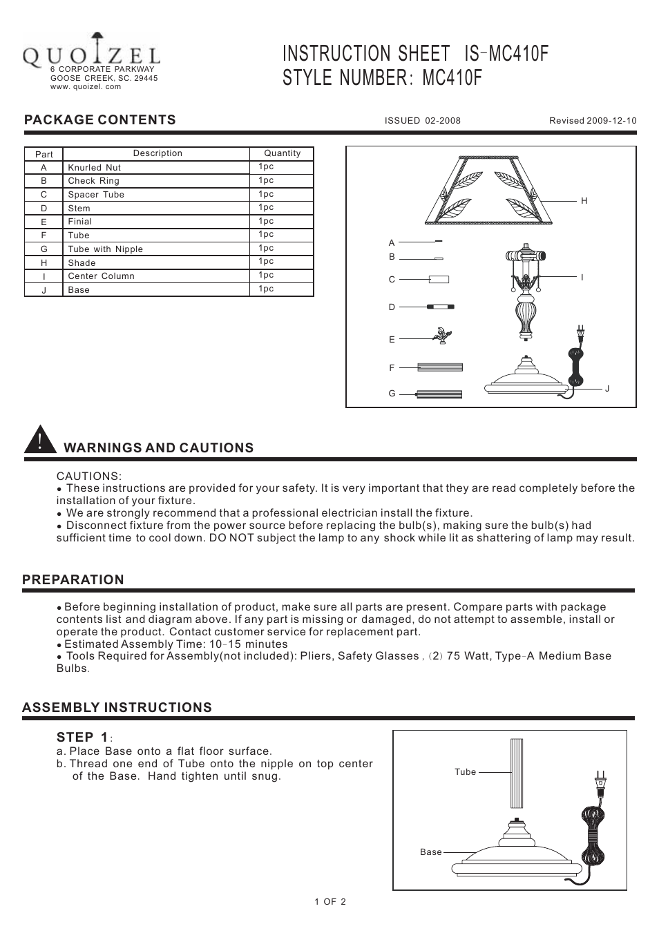 Quoizel MC410F Mica User Manual | 2 pages