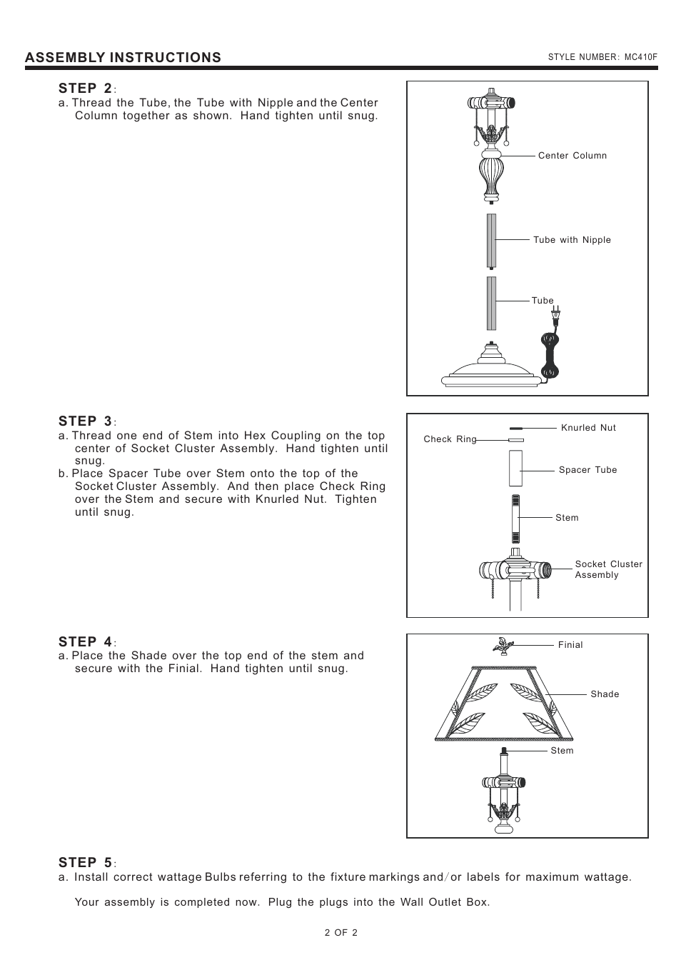 Assembly instructions, Step 2, Step 3 | Step 4, Step 5 | Quoizel MC410F Mica User Manual | Page 2 / 2