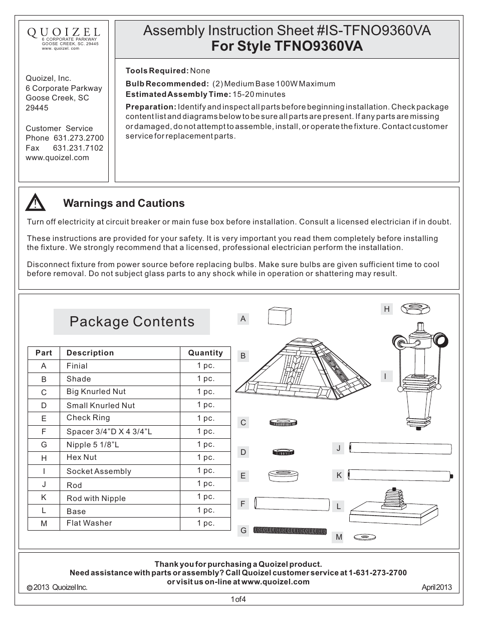 Quoizel TFNO9360VA Navajo User Manual | 4 pages