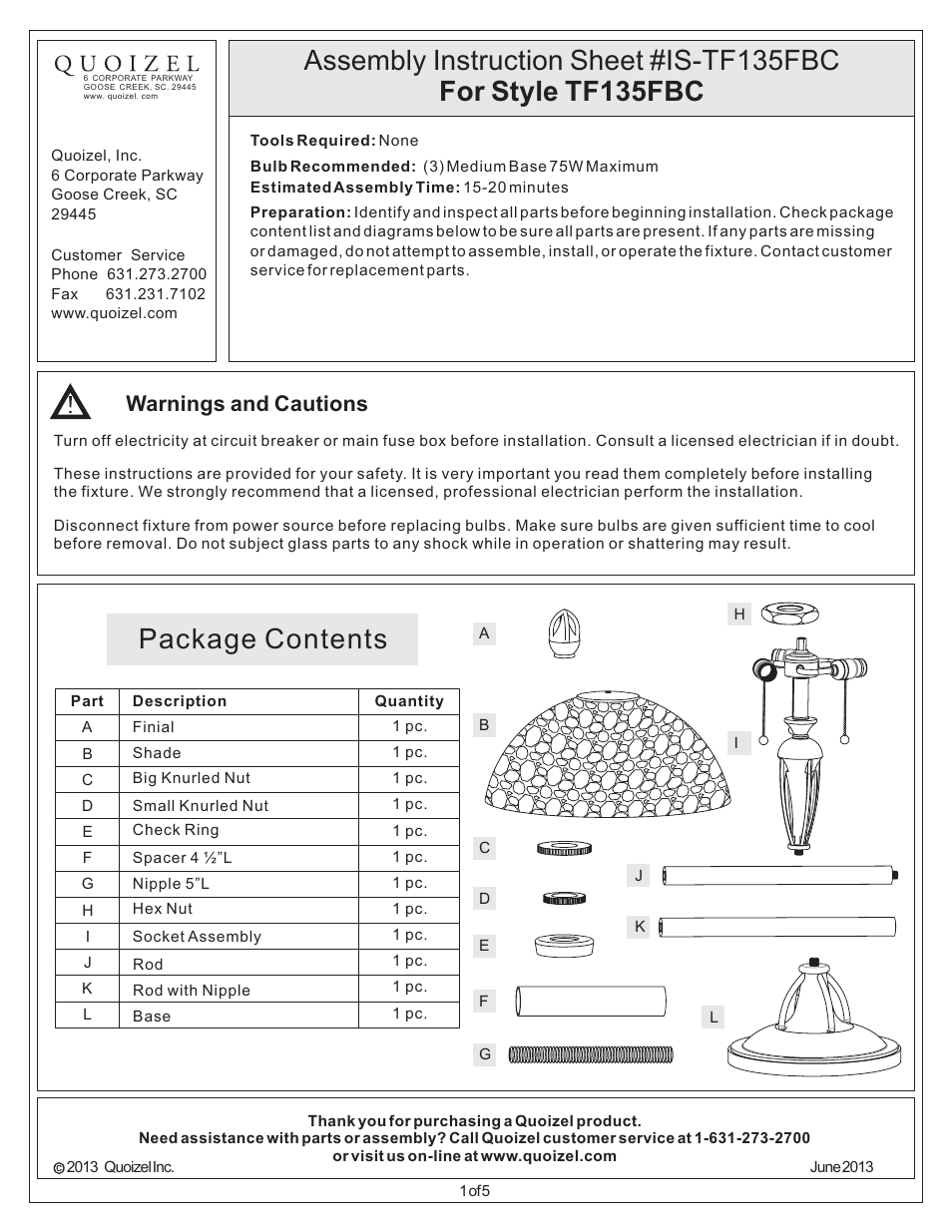 Quoizel TF135FBC Pomez User Manual | 5 pages