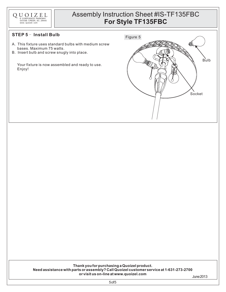 Quoizel TF135FBC Pomez User Manual | Page 5 / 5