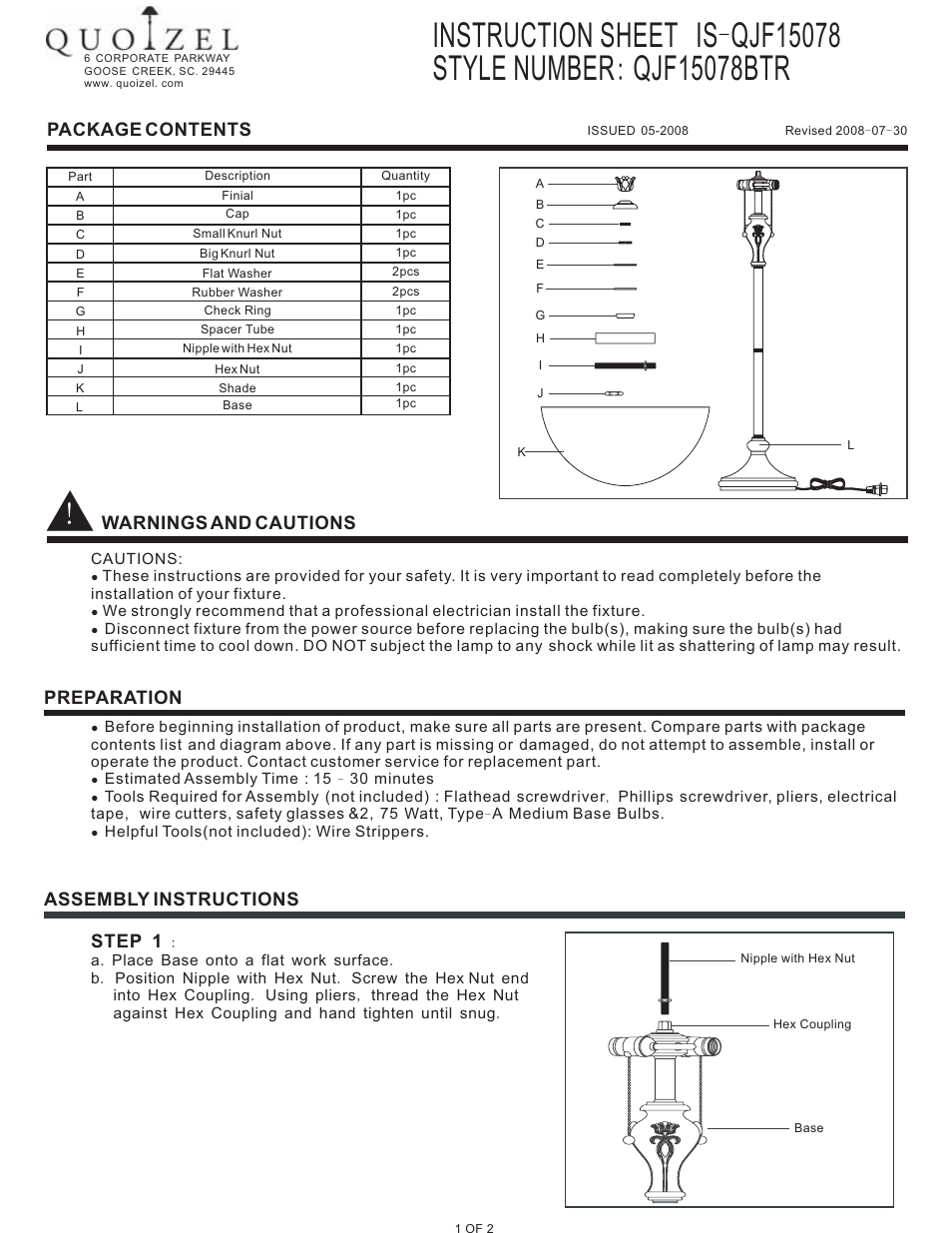 Quoizel QJF15078BTR Quoizel Lamp User Manual | 2 pages