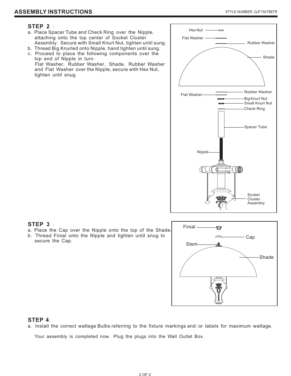 Assembly instructions, Step 2, Step 3 | Step 4 | Quoizel QJF15078BTR Quoizel Lamp User Manual | Page 2 / 2