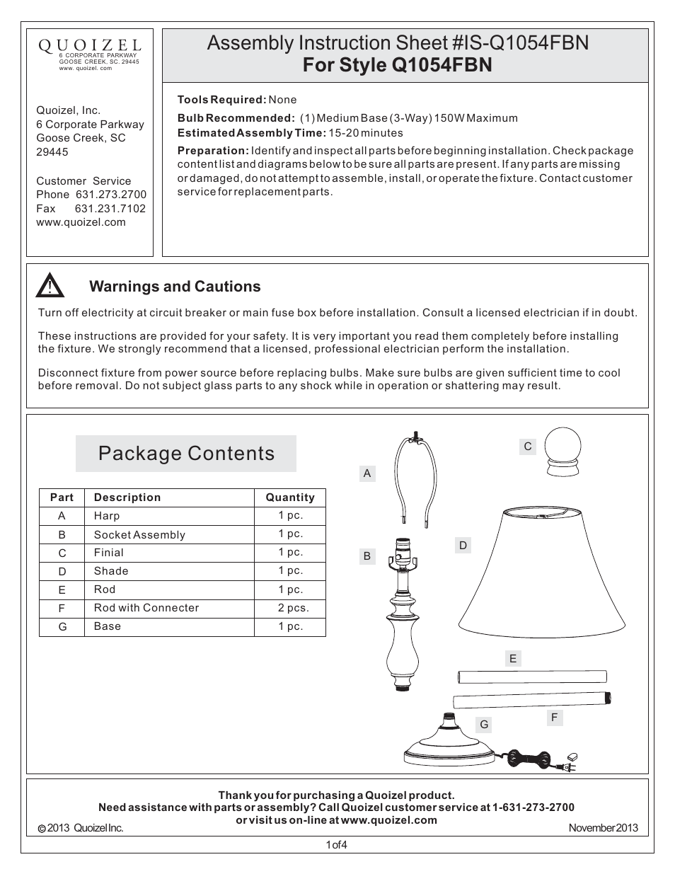 Quoizel Q1054FBN Quoizel Portable Lamp User Manual | 4 pages