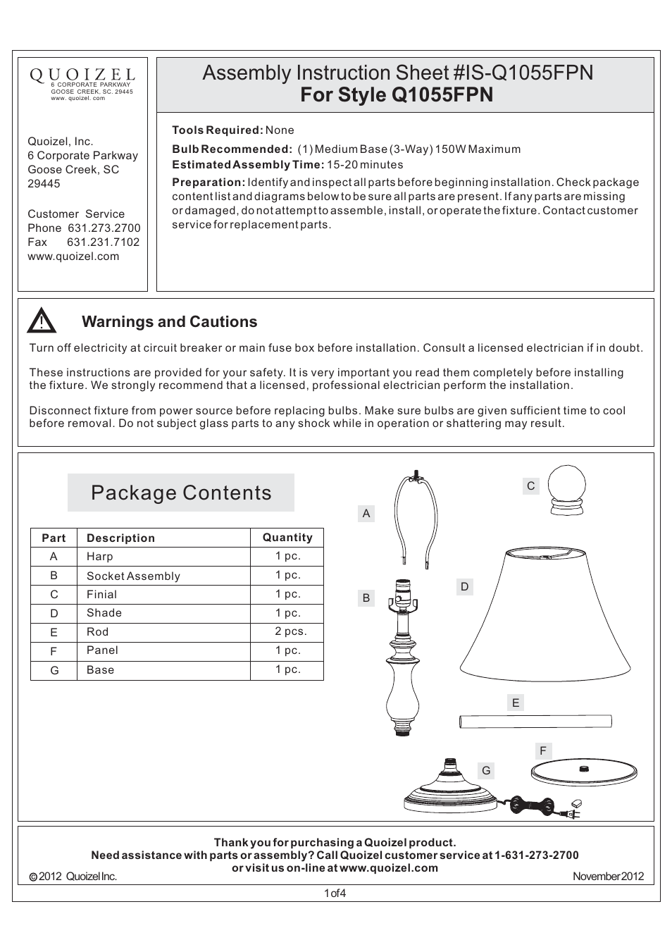 Quoizel Q1055FPN Quoizel Portable Lamp User Manual | 4 pages