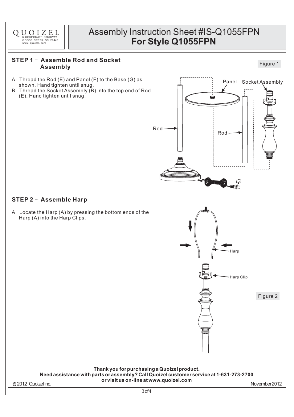 Assembly instruction sheet #is-q1055fpn, For style q1055fpn | Quoizel Q1055FPN Quoizel Portable Lamp User Manual | Page 3 / 4