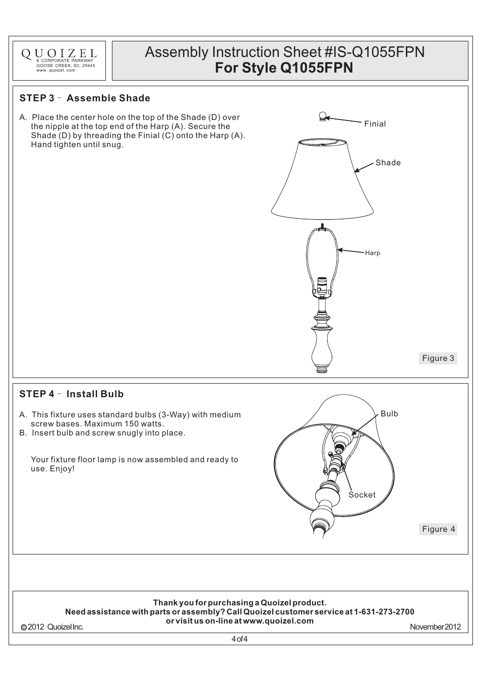 Assembly instruction sheet #is-q1055fpn, For style q1055fpn | Quoizel Q1055FPN Quoizel Portable Lamp User Manual | Page 4 / 4