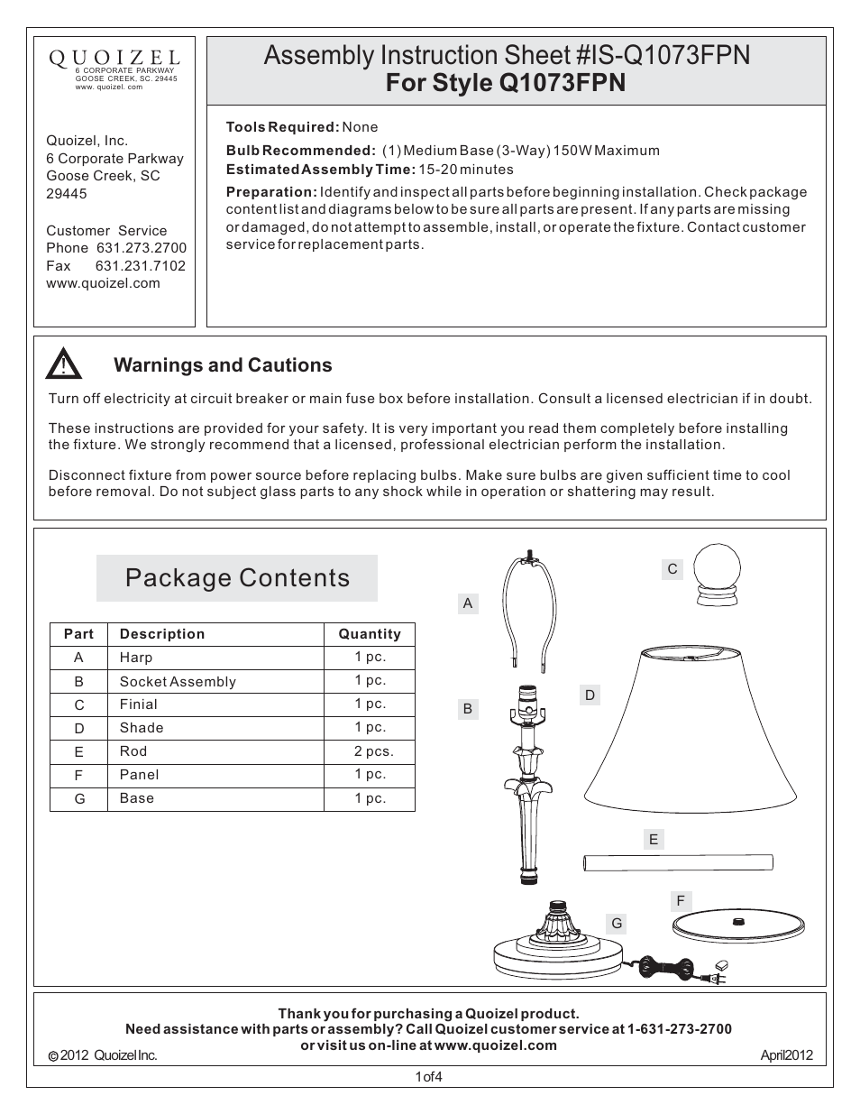 Quoizel Q1073FPN Quoizel Portable Lamp User Manual | 4 pages