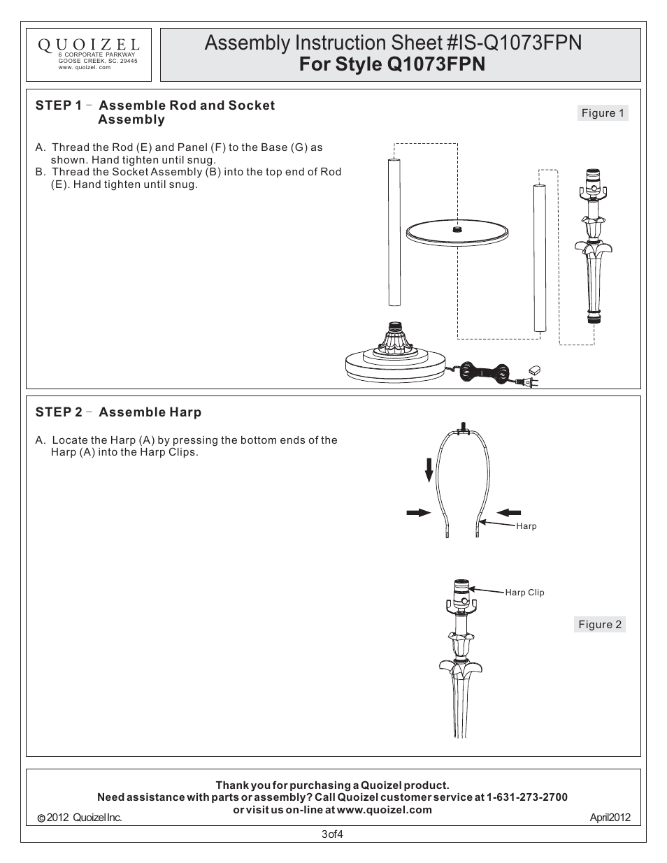 Assembly instruction sheet #is-q1073fpn, For style q1073fpn | Quoizel Q1073FPN Quoizel Portable Lamp User Manual | Page 3 / 4