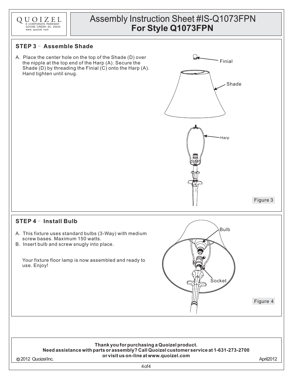 Assembly instruction sheet #is-q1073fpn, For style q1073fpn | Quoizel Q1073FPN Quoizel Portable Lamp User Manual | Page 4 / 4