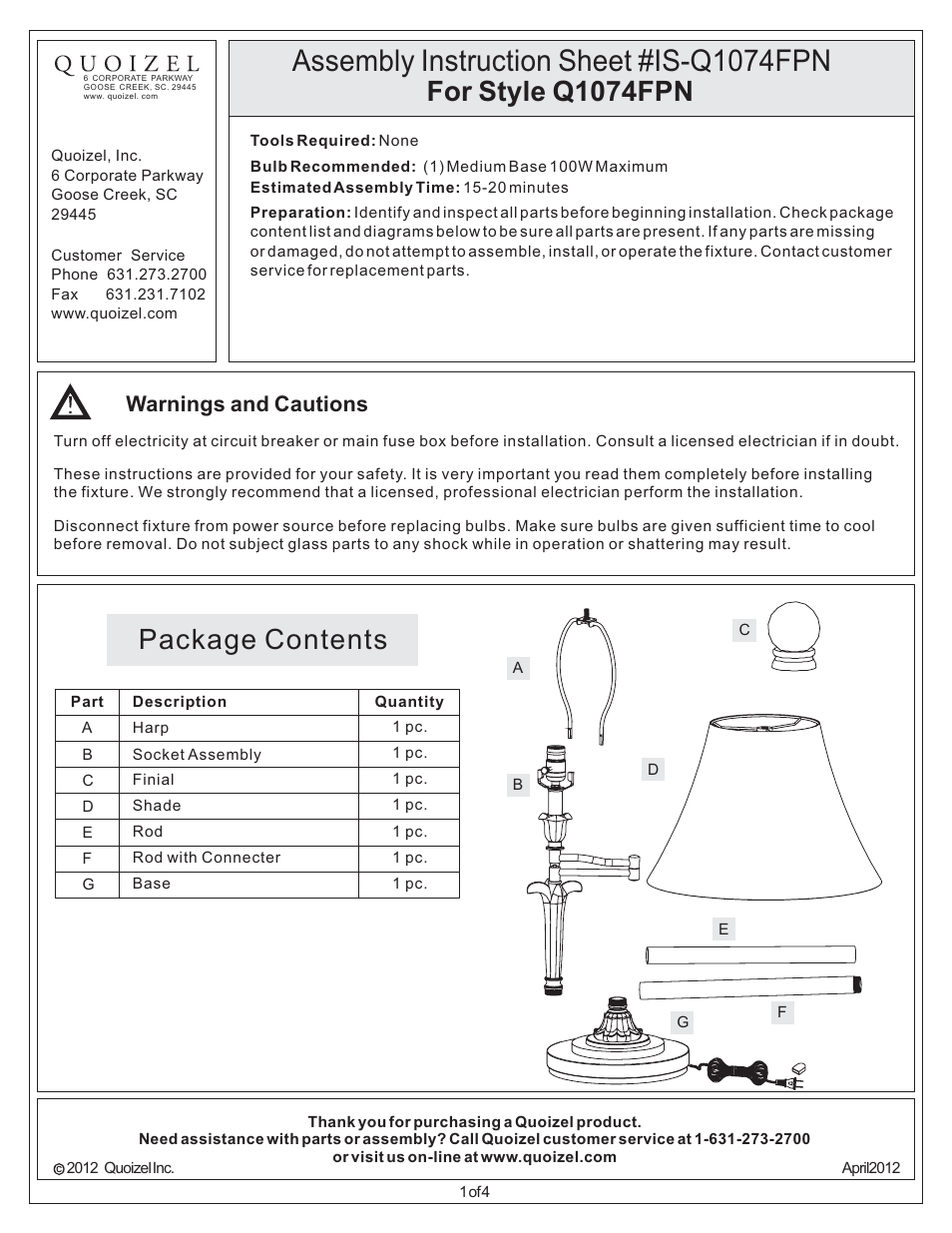 Quoizel Q1074FPN Quoizel Portable Lamp User Manual | 4 pages