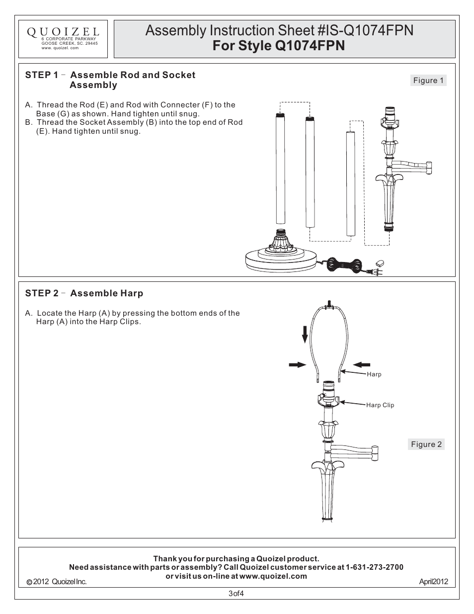 Assembly instruction sheet #is-q1074fpn, For style q1074fpn | Quoizel Q1074FPN Quoizel Portable Lamp User Manual | Page 3 / 4