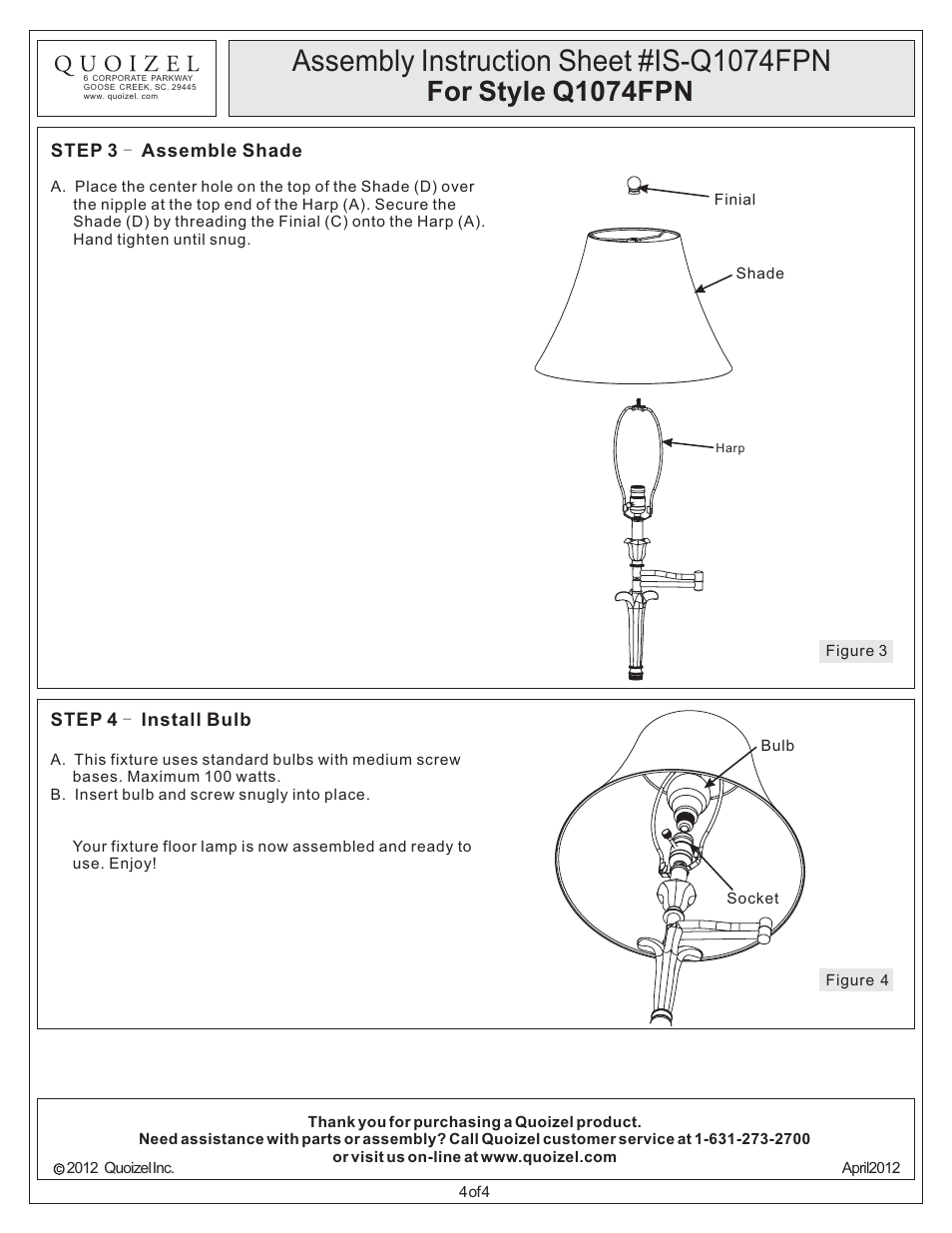 Assembly instruction sheet #is-q1074fpn, For style q1074fpn | Quoizel Q1074FPN Quoizel Portable Lamp User Manual | Page 4 / 4