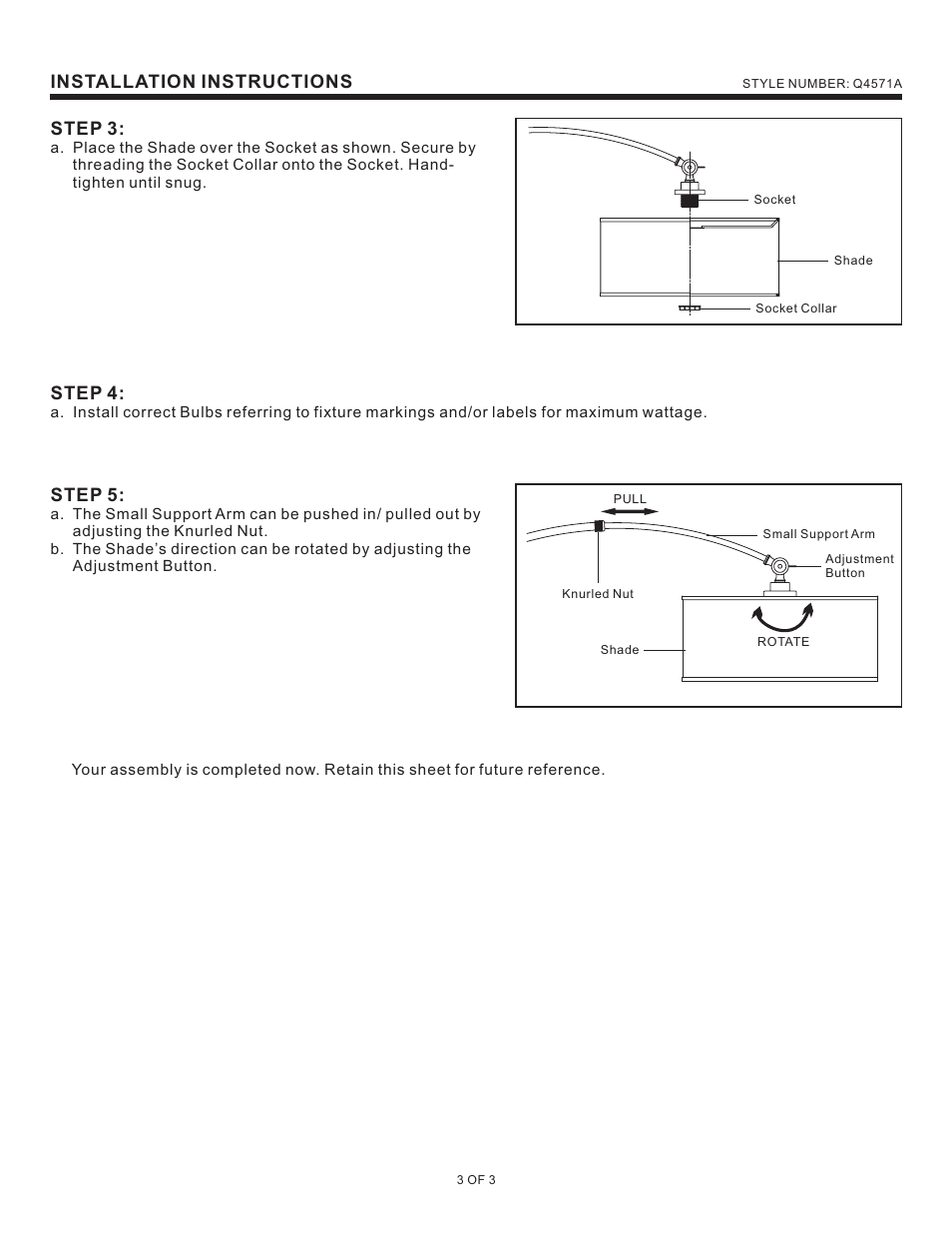 Installation instructions step 3, Step 5, Step 4 | Quoizel Q4571A Quoizel Portable Lamp User Manual | Page 3 / 3