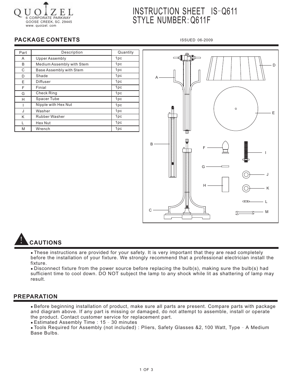 Quoizel Q611F Quoizel Portable Lamp User Manual | 3 pages