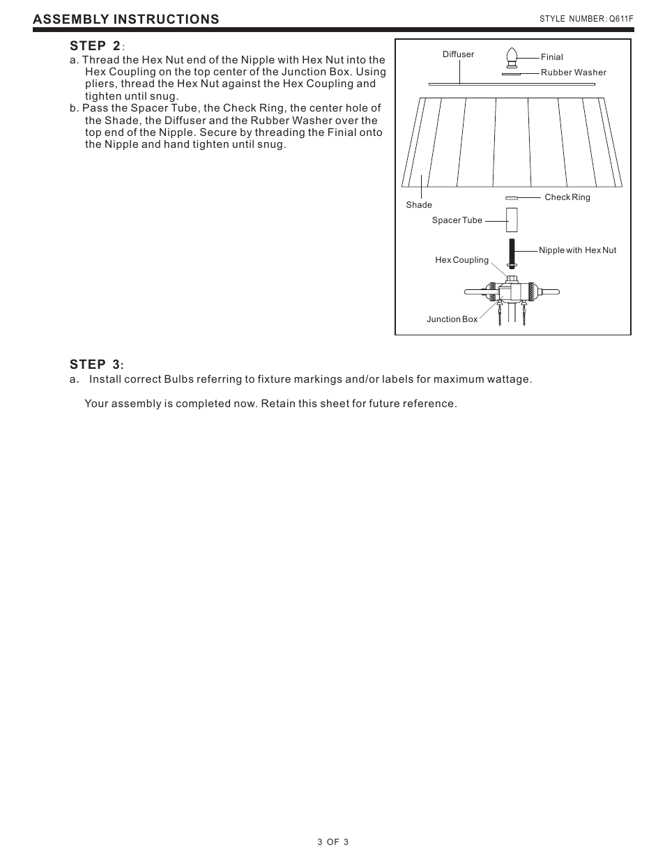 Step 2, Step 3, Assembly instructions | Quoizel Q611F Quoizel Portable Lamp User Manual | Page 3 / 3