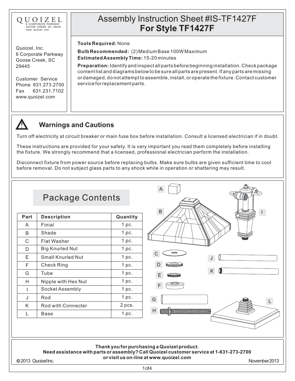 Quoizel TF1427F Tiffany User Manual | 4 pages