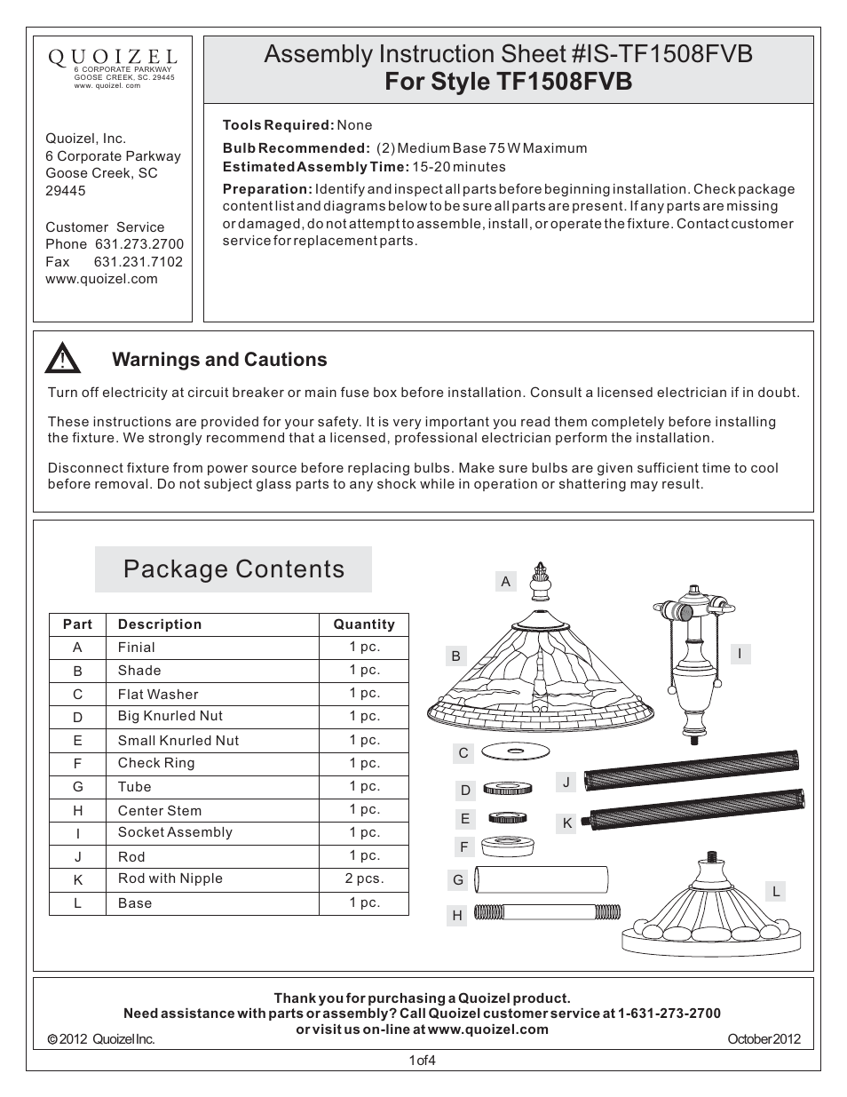 Quoizel TF1508FVB Tiffany User Manual | 4 pages