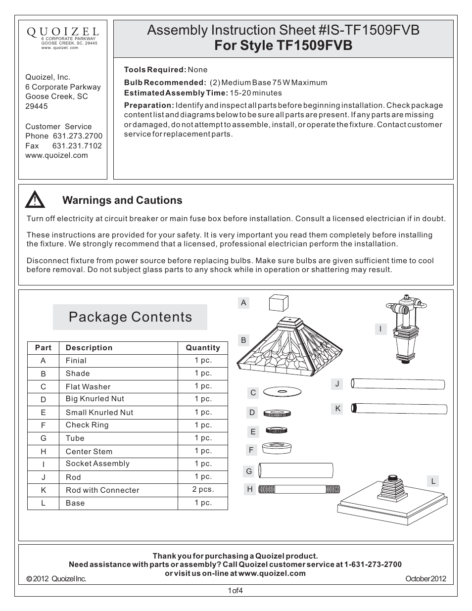 Quoizel TF1509FVB Tiffany User Manual | 4 pages