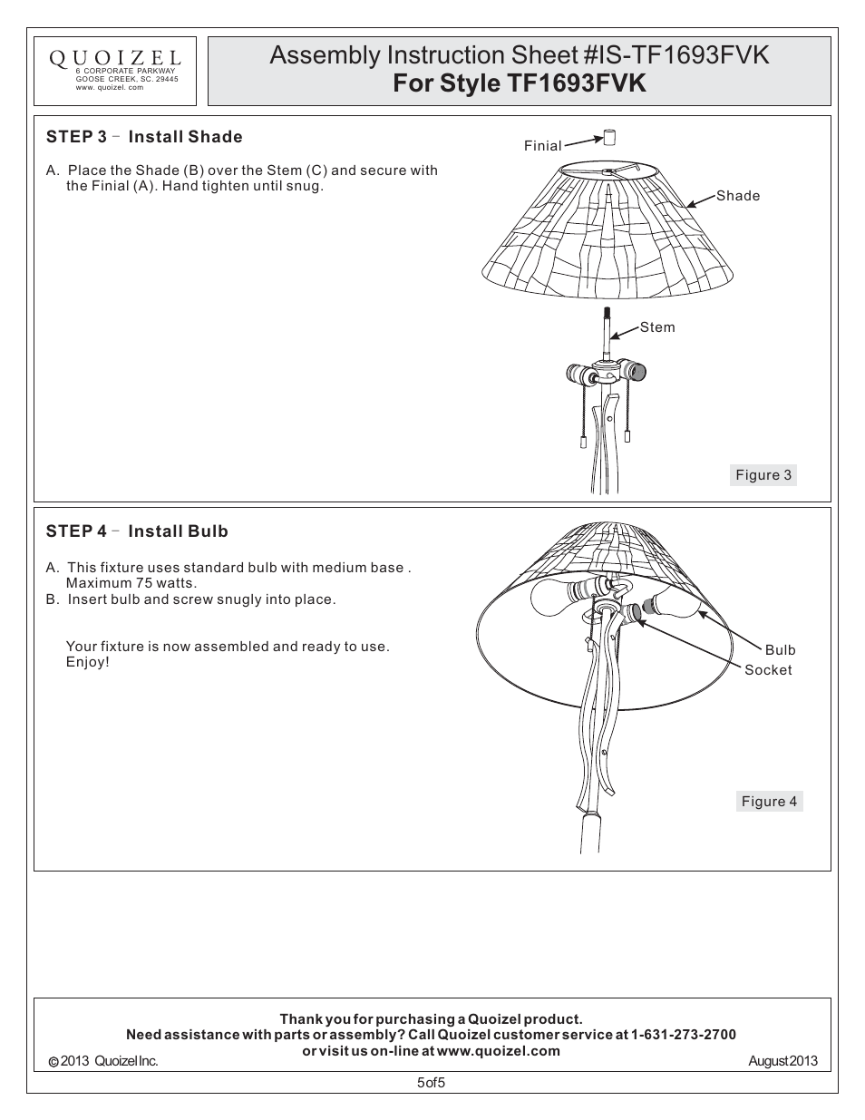 Quoizel TF1693FVK Tiffany User Manual | Page 5 / 5