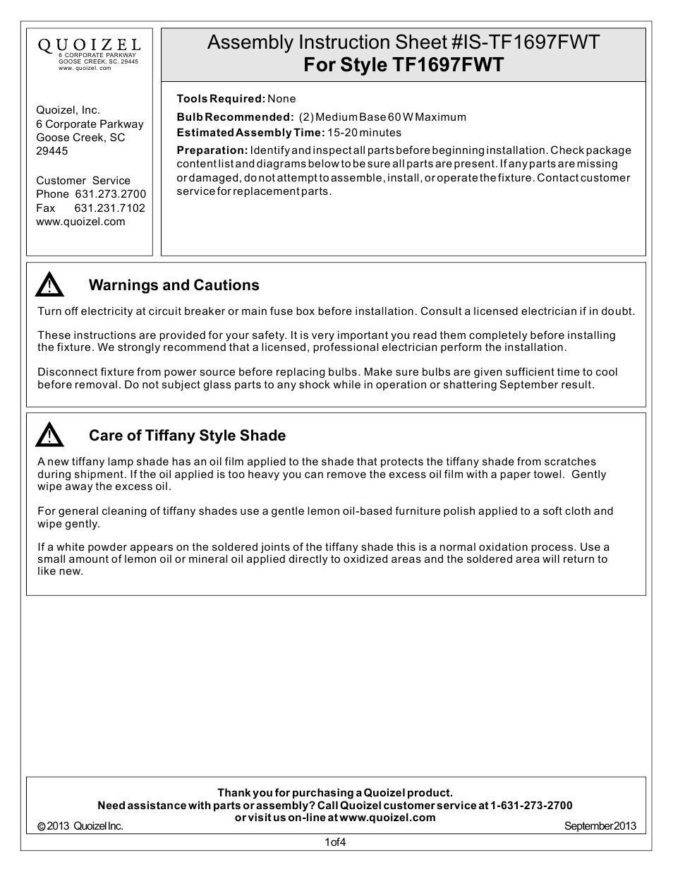 Quoizel TF1697FWT Tiffany User Manual | 4 pages