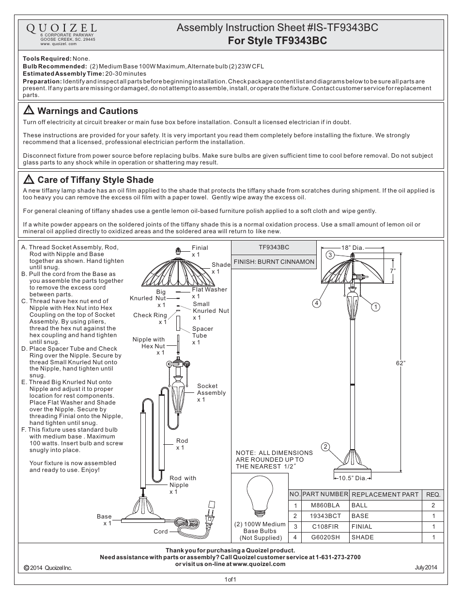 Quoizel TF9343BC Tiffany User Manual | 1 page