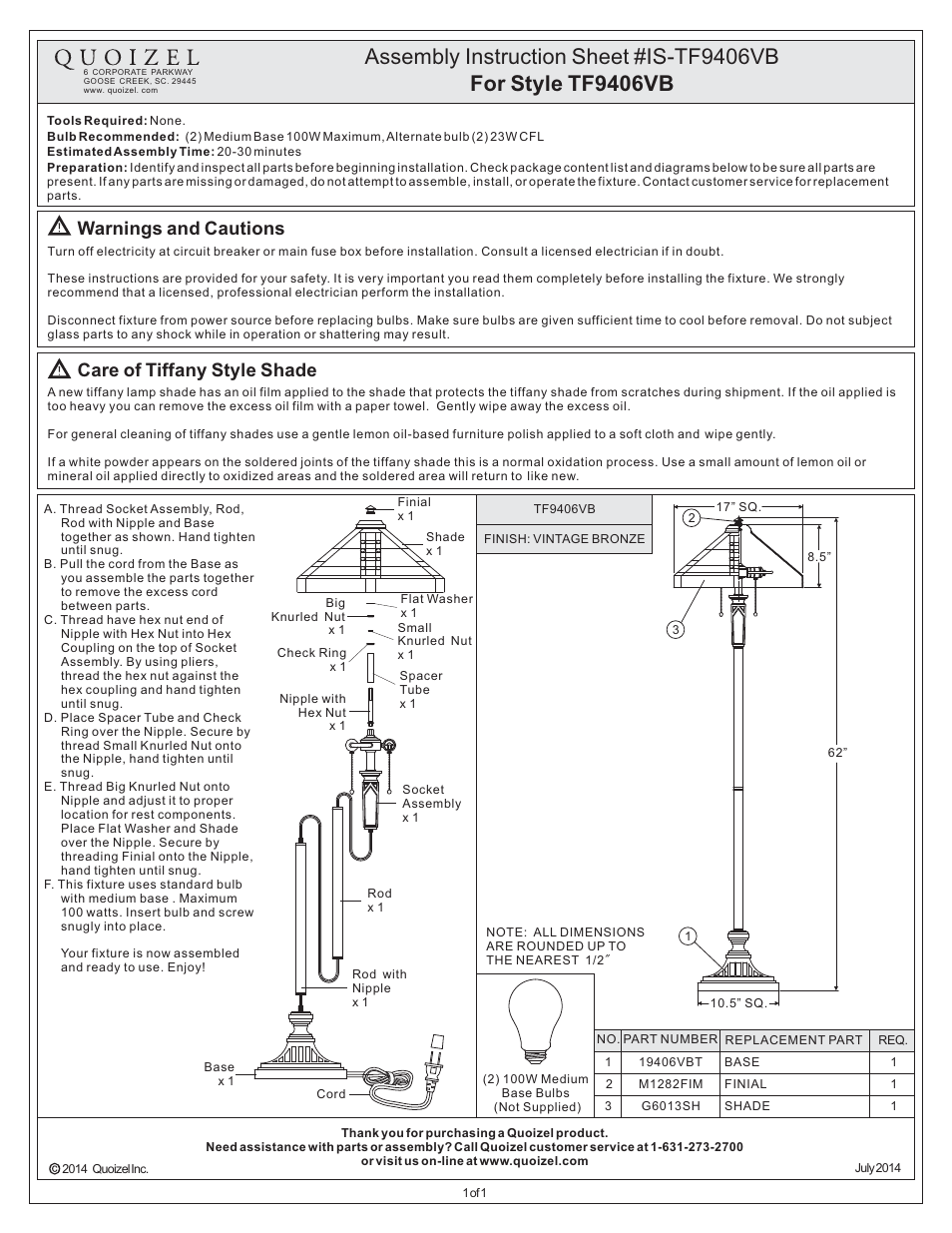 Quoizel TF9406VB Tiffany User Manual | 1 page